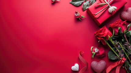 Valentine's day background with red gift box and roses on red background. AI generated