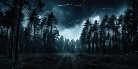 Picture a spooky forest with a moody sky, dark and mysterious. Suddenly, a burst of electricity strikes a tree - obrazy, fototapety, plakaty