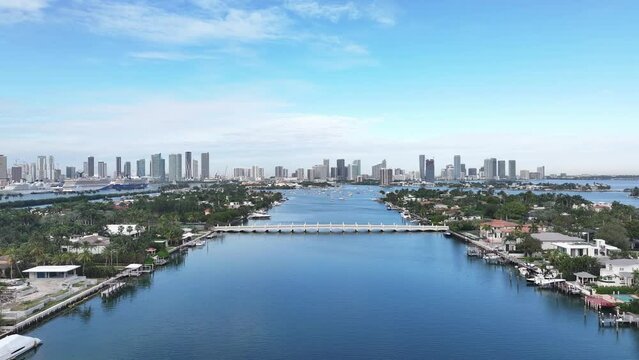 Aerial video of Miami, Florida, city skyline. Moving over water. January 2024, USA.