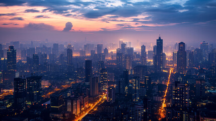 A bustling cityscape at twilight with glowing street lights and a dramatic sky