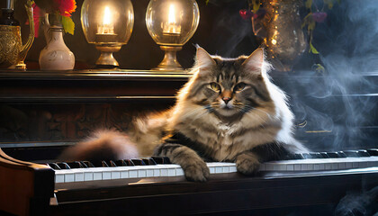 Elegant cat rests on a piano in the music room
