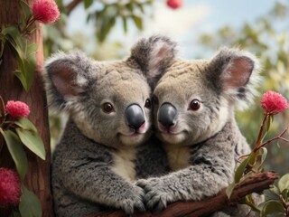 cute koala couple hugging. Happy Valentine's Day concept. AI-generated image.