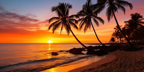 a beautiful beach at sunset, with palm trees creating striking silhouettes against the warm hues of the evening sky 