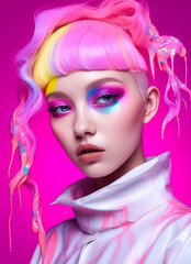 A vivid colorful portrait of a young, beautiful woman. A modern, charismatic woman. Surrealistic, psychic wave. Neon color and fashion futuristic outfit.