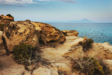Amazing landscape of rocky shore at Mediterranean sea. Halkidiki.Karydi beach in Vourvourou. Sithonia peninsula. Greece. - 708709055