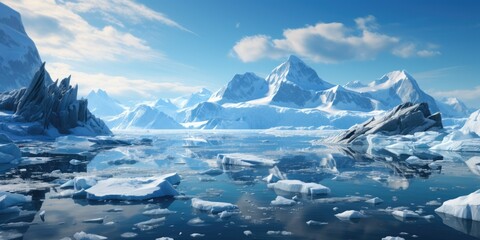 breathtaking view of Antarctica during daylight. The landscape is dominated by pristine ice, 