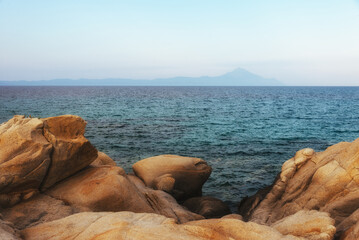 Amazing landscape of rocky shore at Mediterranean sea. Halkidiki.Karydi beach in Vourvourou. Sithonia peninsula. Greece. - 708709064