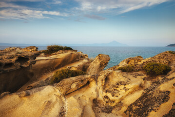 Amazing landscape of rocky shore at Mediterranean sea. Halkidiki.Karydi beach in Vourvourou. Sithonia peninsula. Greece. - 708709087