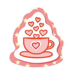 Valentine coffee date sticker, hot drink with flying hearts, pink and red Valentines Day illustration