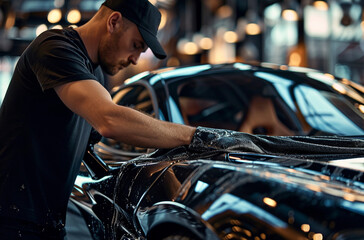 Man working in a detailing studio, prepping a car for care treatment. Technician washing and polishing the beautiful car.