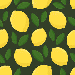 Lemons vector seamless pattern. Yellow fruits and green leaves on black background. Best for textile, wallpapers, home decoration, wrapping paper, package and web design.