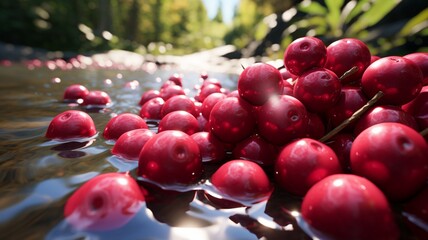 Vibrant cranberries floating in a clear stream, with the water reflecting the surrounding foliage -Generative Ai