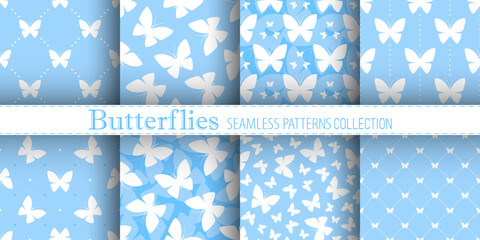 White butterflies on blue background. Vector seamless patterns collection. Best for textile, print, wallpapers, and wedding decoration.