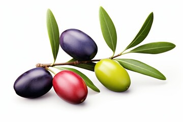 Fresh olives with leaves close-up on white background