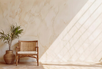 Minimalist room interior with empty beige wall for mockups. Cozy wicker armchair near green plants. Daylight from a window and shadows. Minimalist promotional background with copy space.