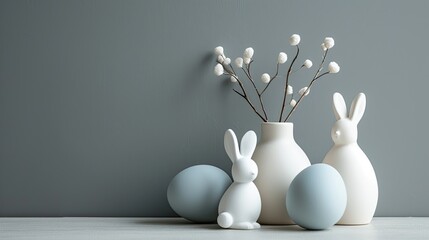 A minimalist Easter composition on a soft, gray background. White and pale blue eggs and ceramic rabbit figures. 