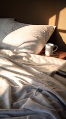 An empty crumpled morning bed with light-colored linens at home or in a hotel near the window, breakfast in bed, bright sunny morning