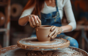 Female redhead potter working on pottery wheel while sitting in her workshop in jeans.