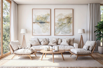 Japandi living room interior with abstract neutral wall art in frames. White sofa and wooden table near large window to the floor.