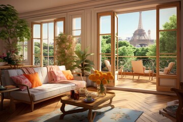 Living room with large French windows overlooking the garden, summer time, cozy living room in...