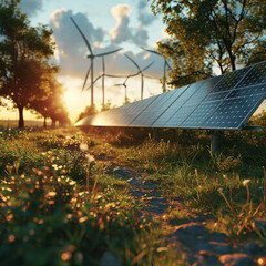 a solar plant with wind turbines in the background on a bright summer day in the countryside representing green energy
