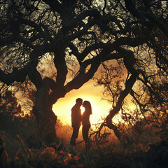 a couple stands together under branches in the sunset and is close to each other