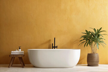 Fototapeta na wymiar Modern bathroom interior with white tub, table and plants. Empty cinnamon yellow wall for mockup. Promotion background.