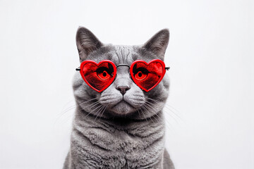 A cute domestic grey cat in heart-shaped glasses on a white background. Pets portrait. Festive backdrop for Valentine's Day.