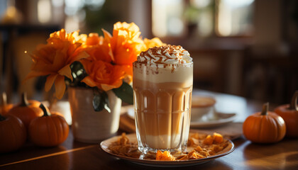 Naklejka premium Freshness and heat in autumn, pumpkin latte on wooden table generated by AI
