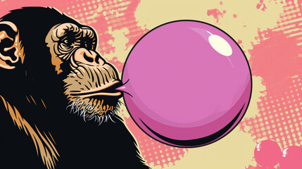 Wow pop art. Monkey's face lips blowing bubble with a pink bubble gum. Vector colorful background in pop art retro.