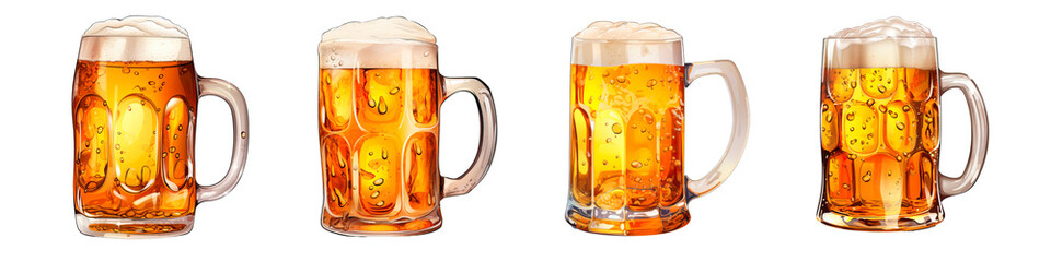 Festive mugs with beer or ale with clover decor. Drinks for St. Patrick's Day. a festive table. Clipart, drinks cut out on a transparent background - obrazy, fototapety, plakaty