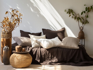 cozy room with a bed and sofa with brown cushions and decoration