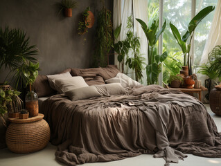cozy room with a bed and sofa with brown cushions and decoration