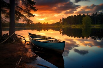 A serene lake reflects a breathtaking sunset sky with warm hues, while a solitary canoe rests on the tranquil water's edge surrounded by pine trees