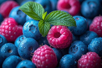 A macro close up of blueberries and strawberries
