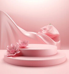 Minimal pink product podium with petals falling for beauty, cosmetic product presentation