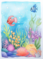 Fototapeta na wymiar watercolor card with a vibrant underwater scene with fish, corals