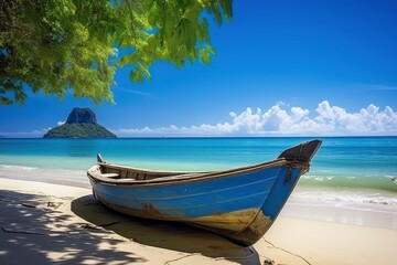 An old blue boat rests on a sandy beach with lush green foliage overhead, and a distinctive island mountain in the background under a clear blue sky