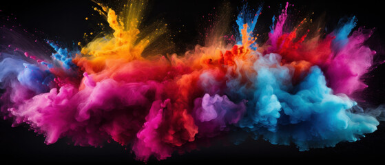 Color powder explosion on black background. Celebration of hindu festival Holi.