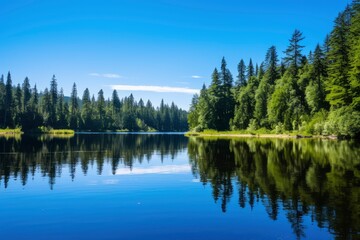 Fototapeta na wymiar A serene lake surrounded by dense evergreen forests under a clear blue sky, with the trees perfectly reflected on the calm water surface