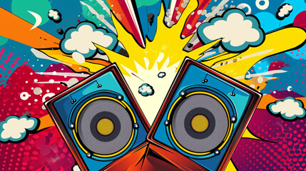 Wow pop art party sound system. Vector colorful background in pop art retro comic style.