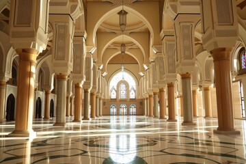 Fototapeta premium This interior captures the ambiance of a mosque, tailored for Ramadan prayers and events, featuring ornate architecture, warm lighting, and sacred tranquility