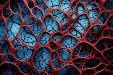 Witness the fusion of abstraction and biology in this captivating photo, where lines and shapes echo the intricacies of cellular structures, painted in a vibrant palette of reds and blues
