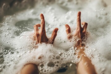 Fototapeta premium Bubbling water with human hands playfully emerging, creating a light and cheerful mood