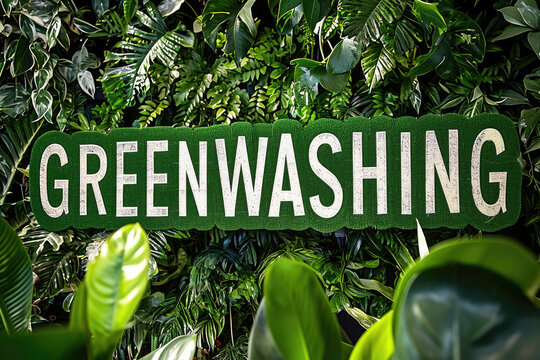 An image with "GREENWASHING" in bold letters, featuring vibrant green foliage, represents deceptive marketing, where environmental claims may not align with actions