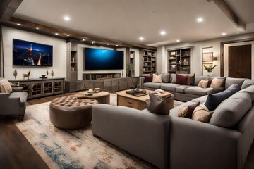 A tech-savvy entertainment room with a large flat-screen TV, surround sound system, and comfortable seating for the ultimate movie night.