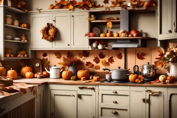Autumnal kitchen decor, interior design and house decoration, classic English kitchen decorated for autumn season in a country house, elegant cottage style