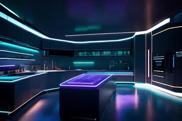 A futuristic kitchen with state-of-the-art appliances, illuminated by under-cabinet LED lights, creating a sleek and efficient space.
