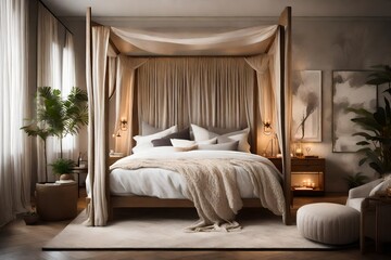 A bedroom oasis with a canopy bed, soft textures, and ambient lighting creating a tranquil and inviting atmosphere.