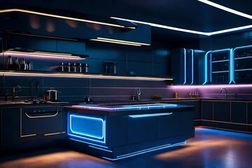 A futuristic kitchen with state-of-the-art appliances, illuminated by under-cabinet LED lights, creating a sleek and efficient space.